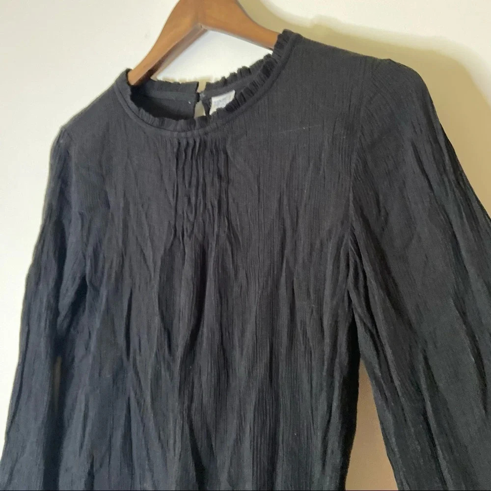 Embroidered Gauzy Blouse Small Black High Neck Ruffle Lace Trim Boho Feminine - Picture 3 of 10